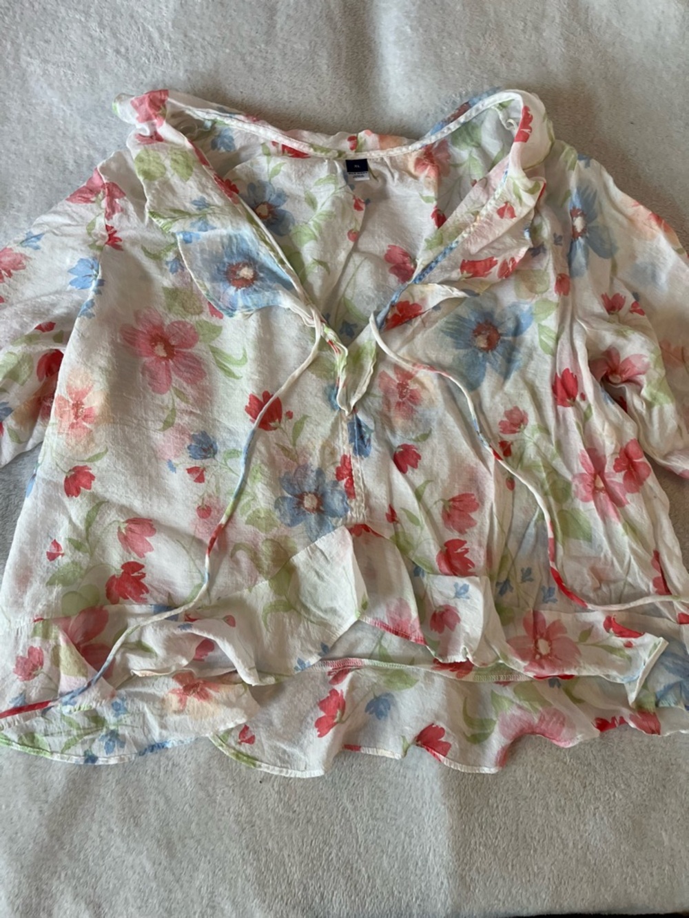 Old Navy Sheer Floral Tie-Front Blouse - White with Pink, Blue & Green